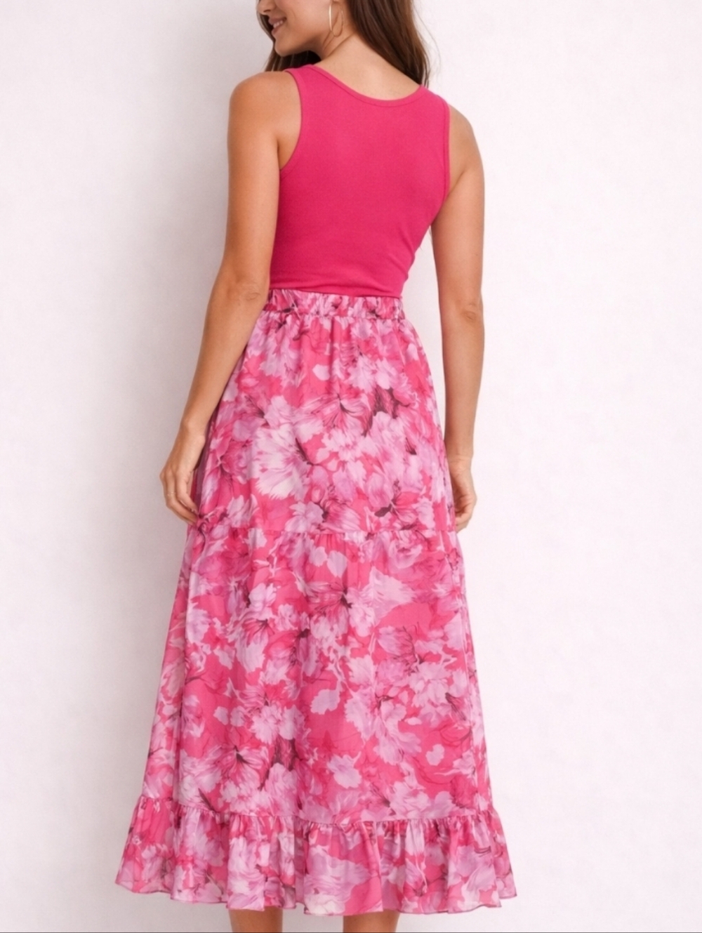 Tradition | Vintage Pink Floral Midi Skirt | Elastic Waist | Double Ruffle Hem - Picture 3 of 11